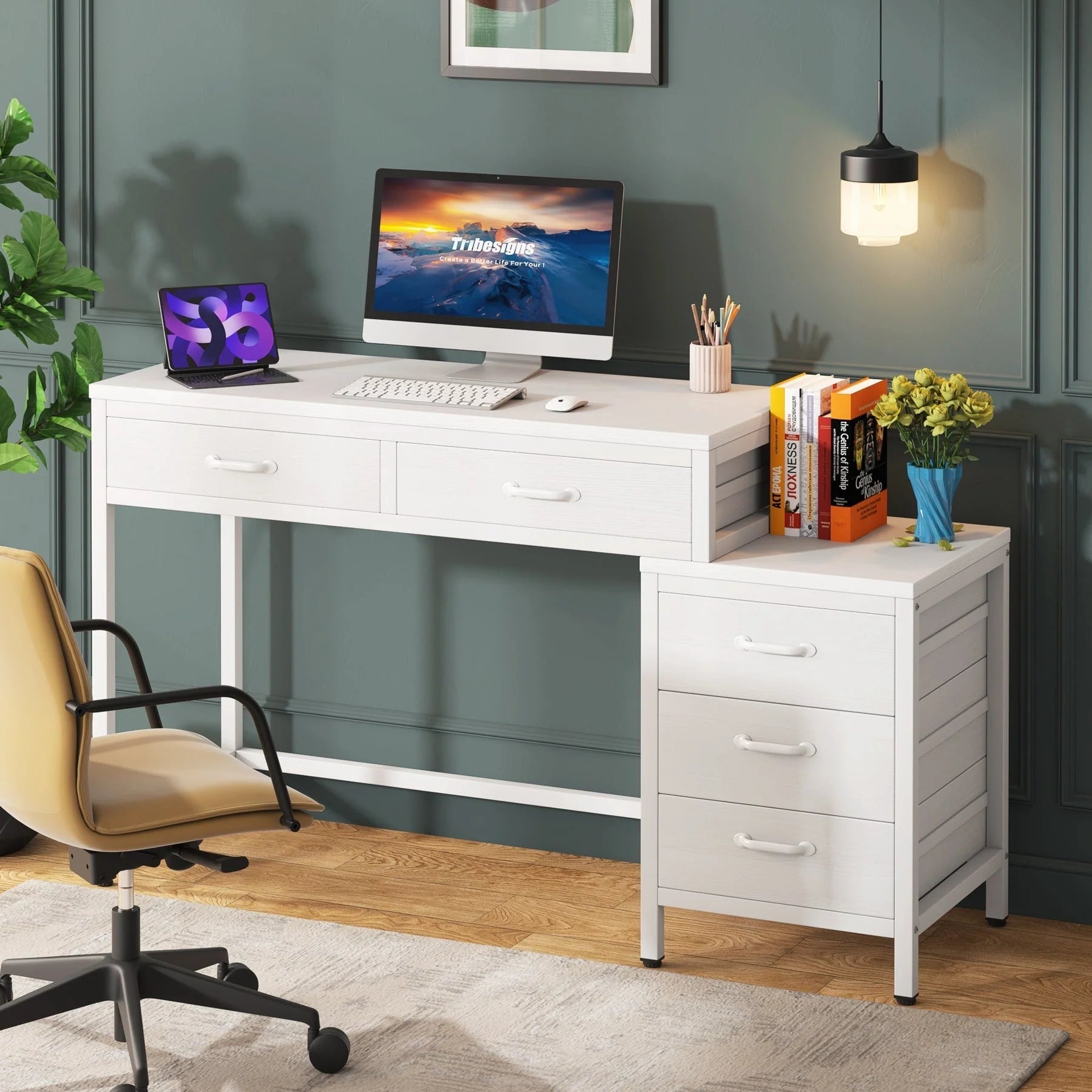 Bureau réversible avec 5 tiroirs, Bureau d'ordinateur de maison avec tiroir classeur et support d'imprimante