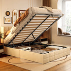 Cadre de lit relevable, sommier tapissier avec système de rangement hydraulique et tête de lit
