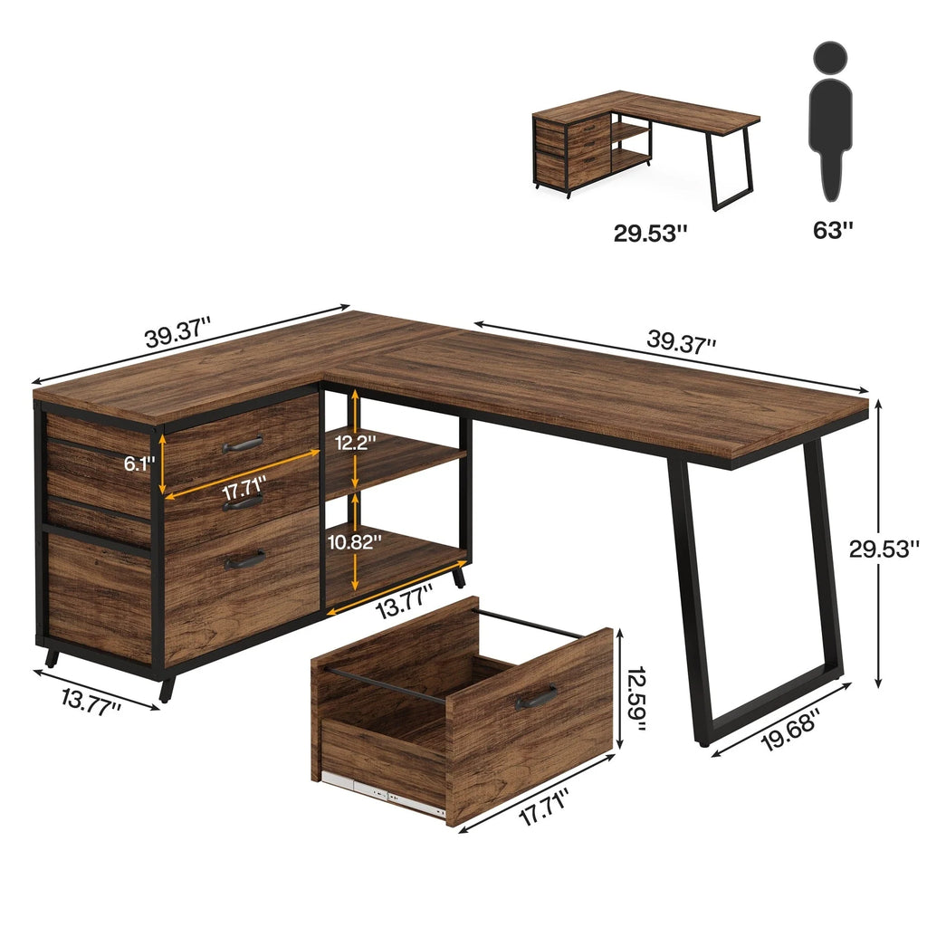 Bureau d'angle en L réversible avec tiroirs de classement, bureau d'ordinateur d'angle