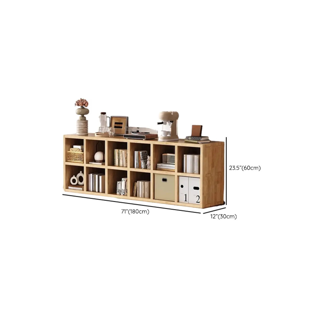 Bibliothèque moderne horizontale en bois à 8 cubes, finition naturelle