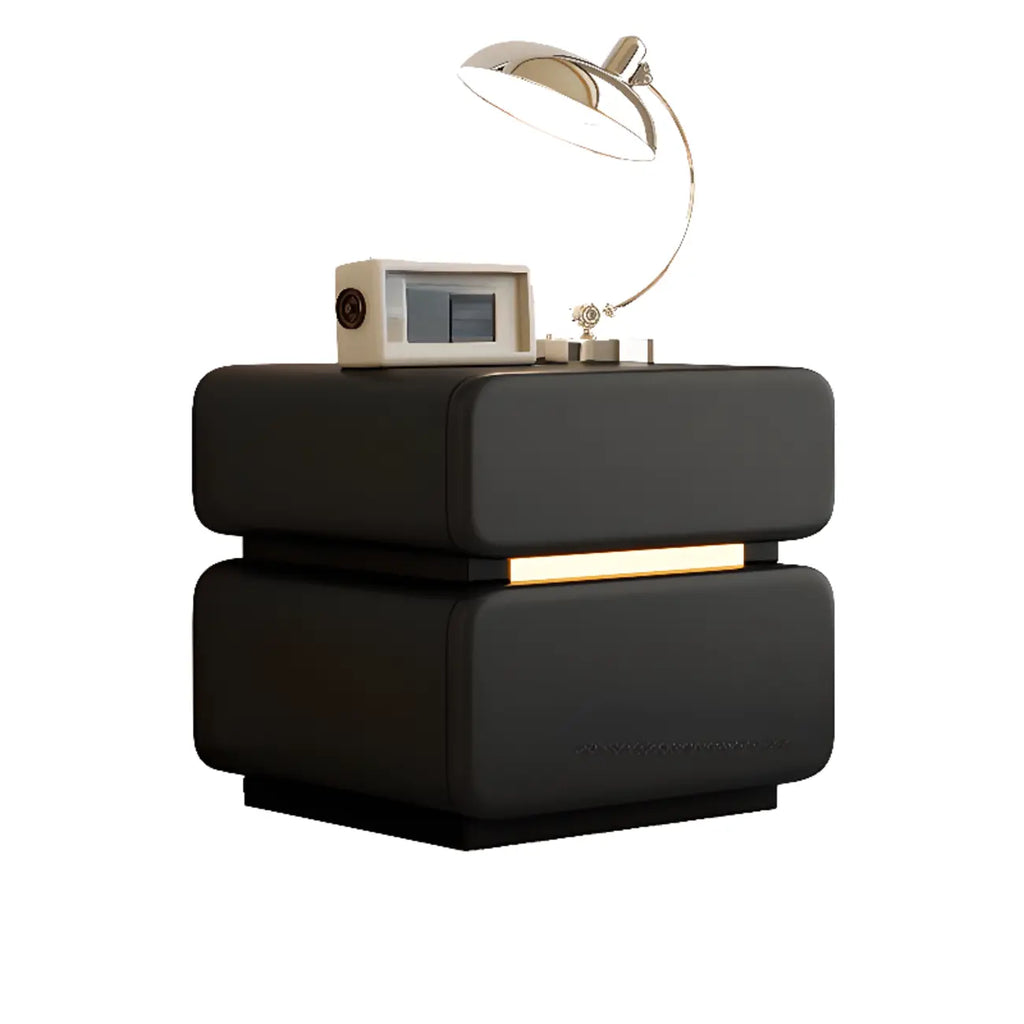 Table de chevet d'appoint moderne en cuir noir avec 2 tiroirs