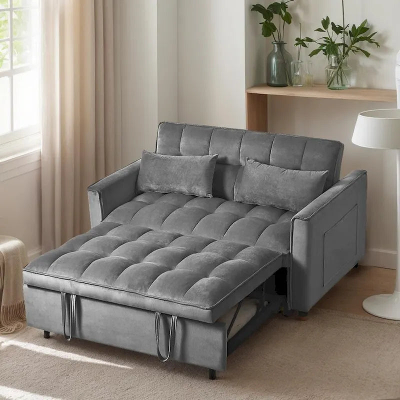 Causeuse futon moderne en velours avec dossier inclinable et poches, 2 places — Gris foncé / Gris clair / Bleu / Noir