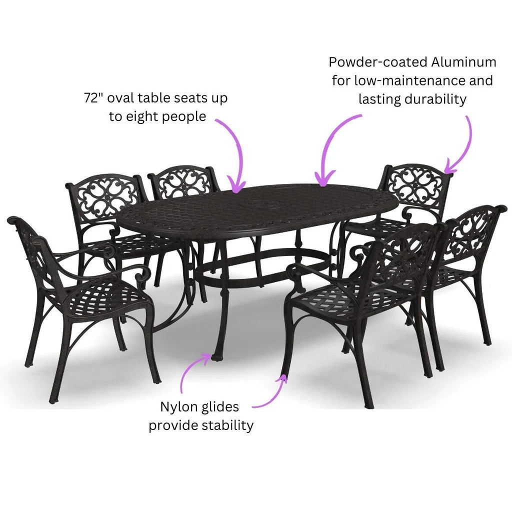 Ensemble de salle à manger d'extérieur 7 pièces en aluminium bronze Sanibel avec table à manger ovale de 72 et six fauteuils par Homestyles