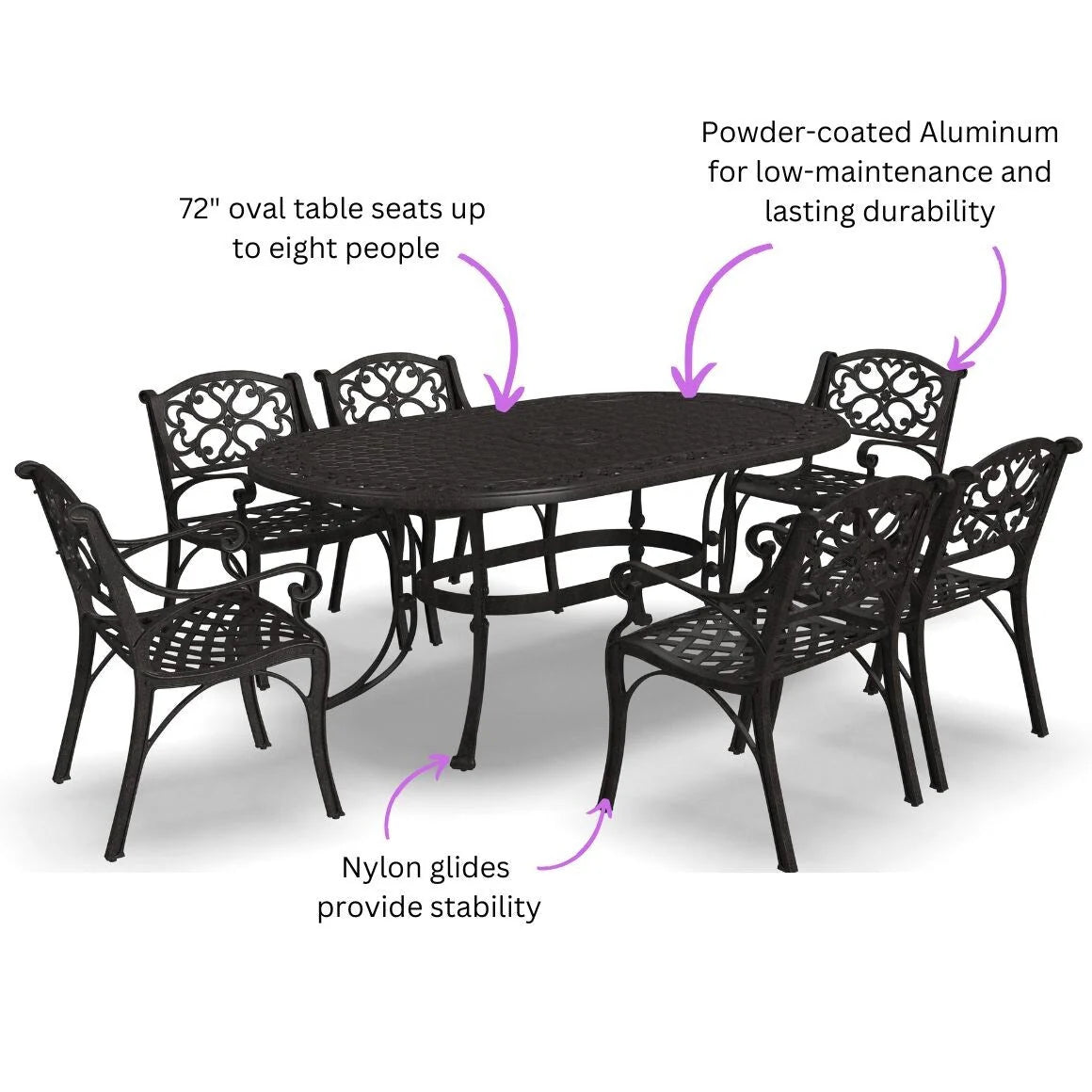 Ensemble de salle à manger d'extérieur 7 pièces en aluminium bronze Sanibel avec table à manger ovale de 72 et six fauteuils par Homestyles