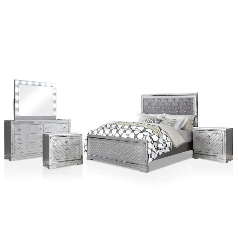 Ensemble de chambre à coucher 5 pièces avec panneau capitonné en bois argenté Seleena Glam et port USB par Furniture of America