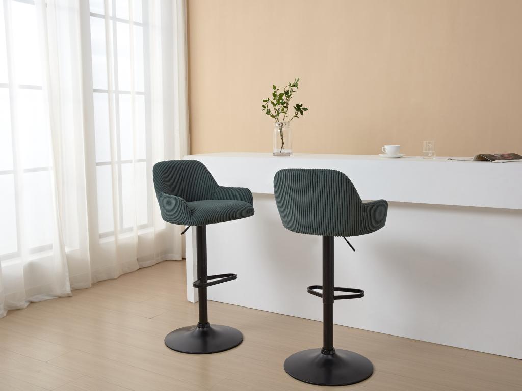 Set of 2 corduroy and black metal bar stools - Adjustable height - Green - Doucezen