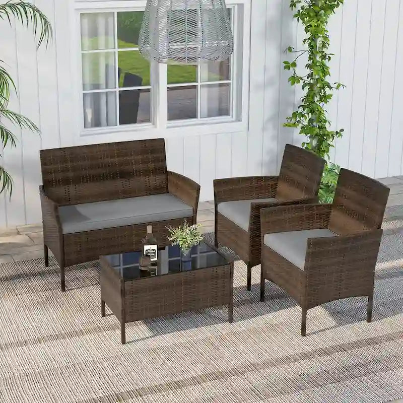 Costway Ensemble de Meubles de Jardin 4 Pièces avec Coussins Lavables et Verre Trempé - Voir les Détails