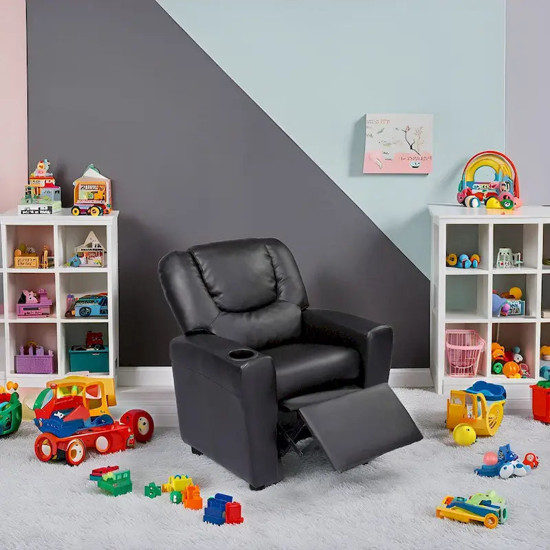 Fauteuil inclinable pour enfants en PVC avec fonction d'inclinaison par poussée, porte-gobelet et repose-pieds confortable