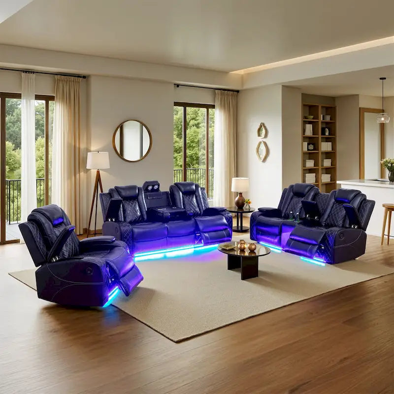 Ensemble de canapés inclinables modernes 3 pièces en cuir avec LED et chargement sans fil