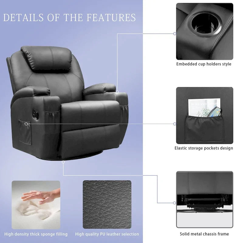 Fauteuil Inclinable de Massage Pivotant Chauffant en Similicuir pour Salon