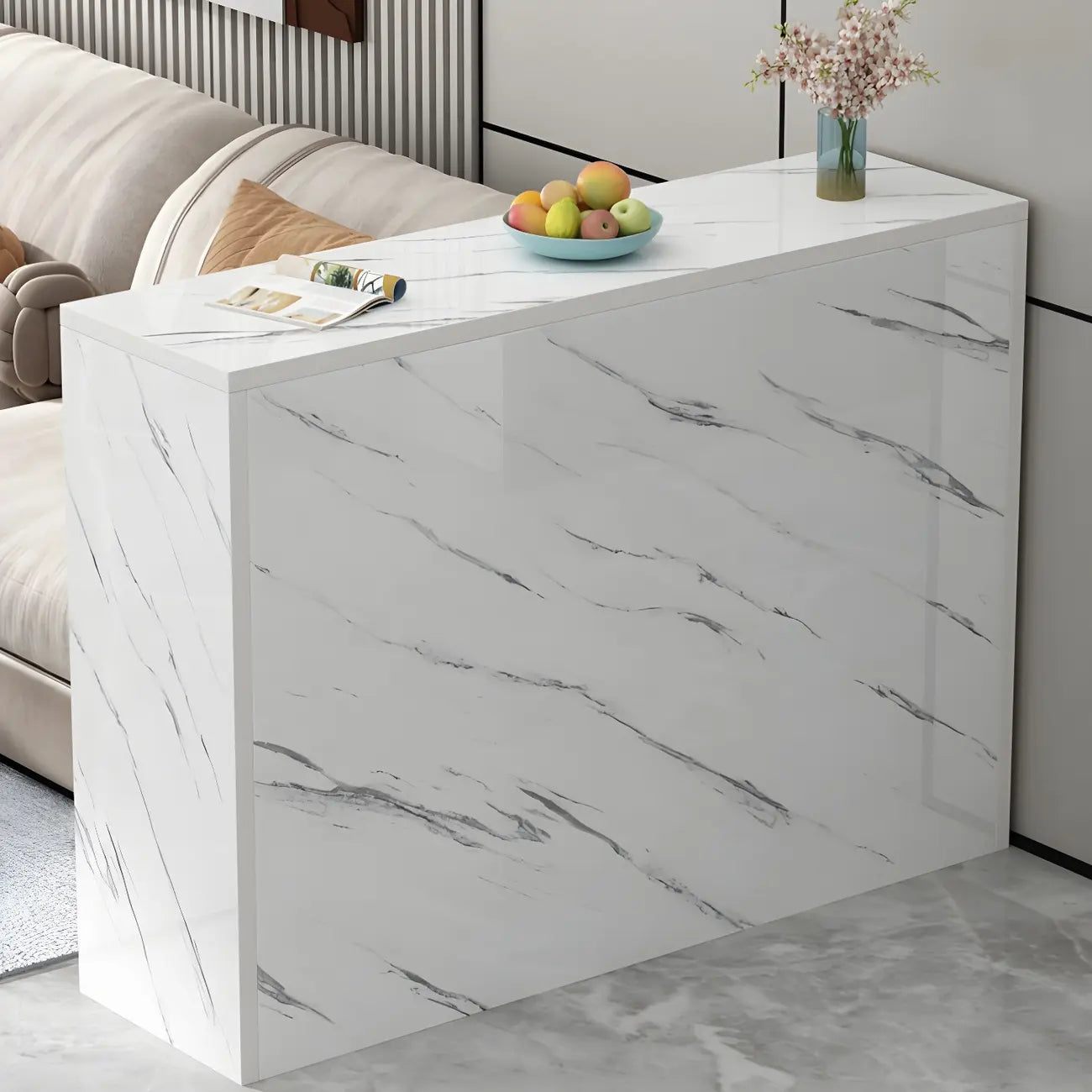 Table de bar longue rectangulaire blanche en bois pour salon
