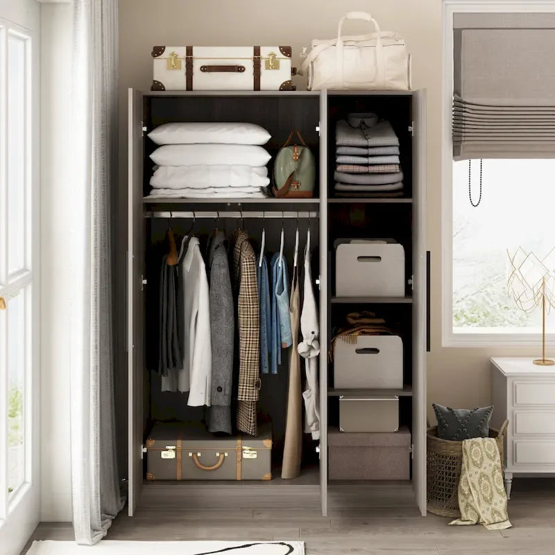 Armoire de rangement en bois avec 6 cubes de rangement et tringle à vêtements