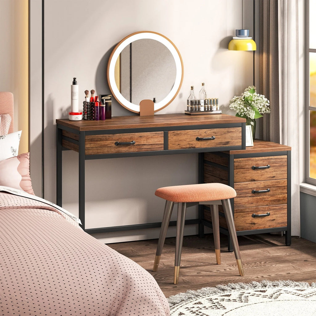 Bureau réversible avec 5 tiroirs, Bureau d'ordinateur de maison avec tiroir classeur et support d'imprimante
