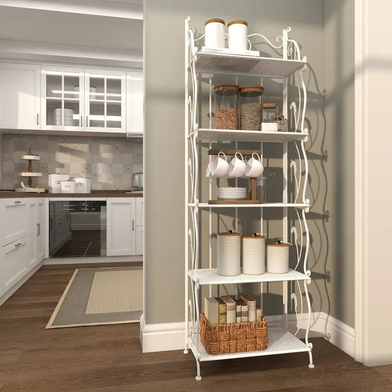 Étagère de Boulanger Pliable Haute à 5 Niveaux en Métal Décoratif pour Intérieur/Extérieur - Or ou Blanc - Roche River Decor