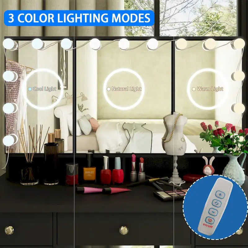 Coiffeuse LED de luxe avec 9 tiroirs, station de maquillage élégante