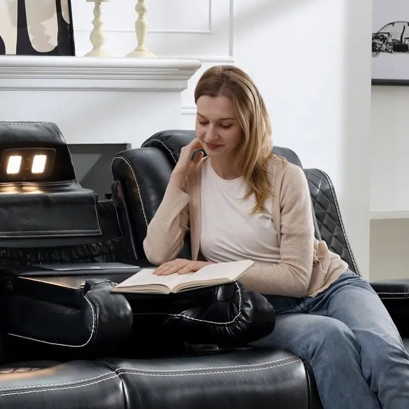 Canapé inclinable électrique avec chargeur sans fil, liseuse pour salon, lumière LED en similicuir, port AC/USB, porte-gobelet, noir