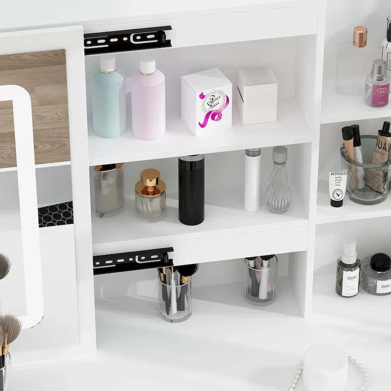 Coiffeuse Blanche avec Miroir LED et Tabouret - 100 cm de Large