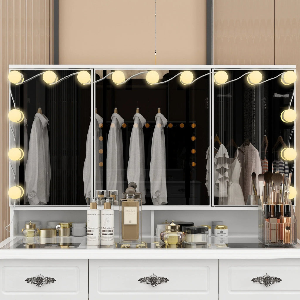 Coiffeuse moderne blanche avec miroir pliable éclairage réglable - 102,1 x 137,4 cm