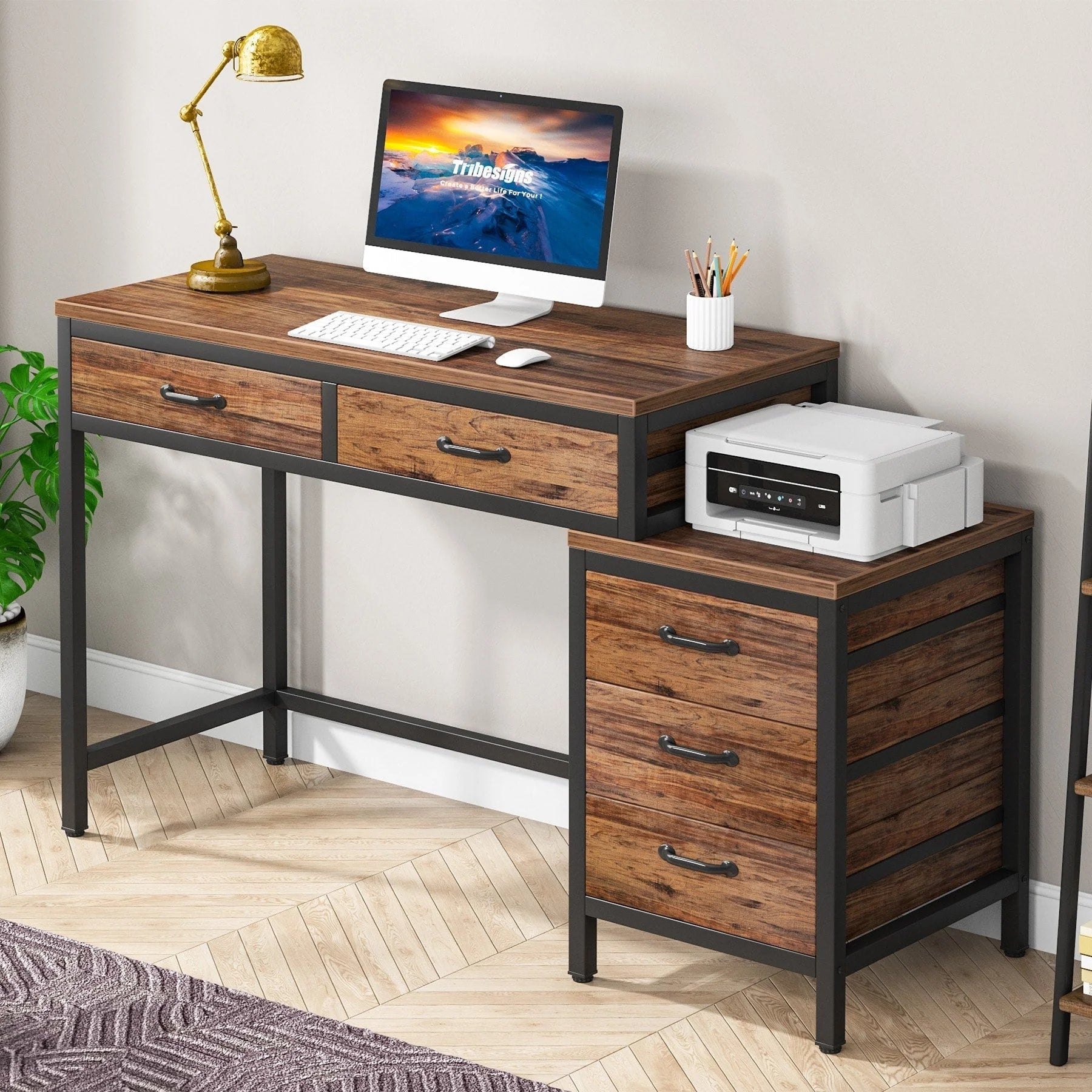 Bureau réversible avec 5 tiroirs, Bureau d'ordinateur de maison avec tiroir classeur et support d'imprimante