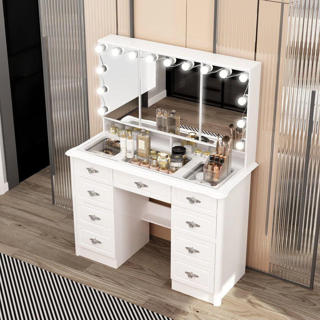 Coiffeuse moderne blanche avec miroir pliable éclairage réglable - 102,1 x 137,4 cm