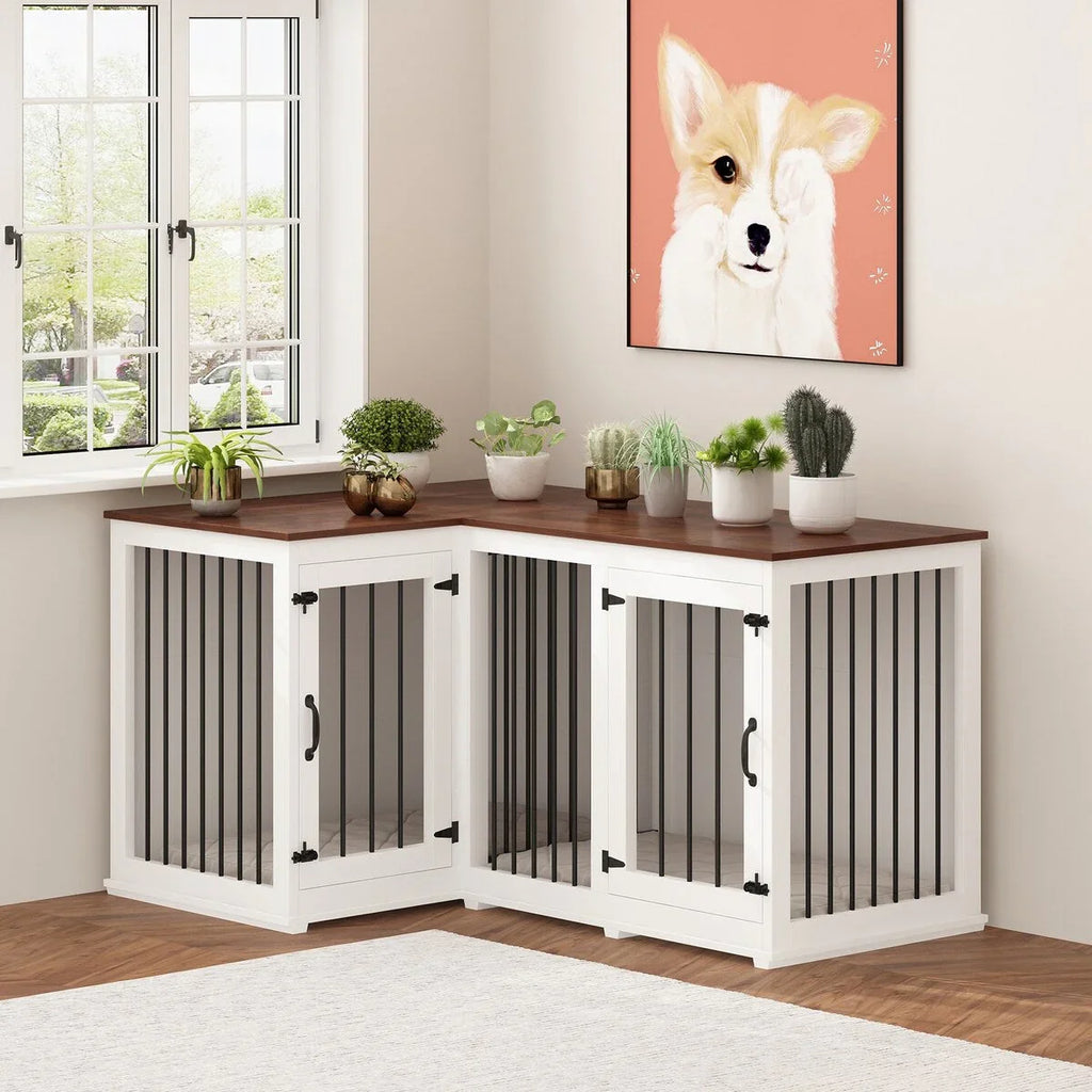 Grand meuble de caisse d'angle pour 2 chiens, cage pour chien en forme de L - 58,7X41,1