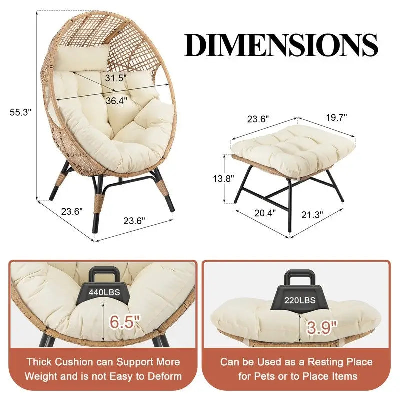 FINCATI Fauteuil Œuf d'intérieur, Fauteuil Œuf d'extérieur 200 kg, Fauteuil Œuf surdimensionné avec pouf, Fauteuil Œuf de luxe confortable avec repose-pieds