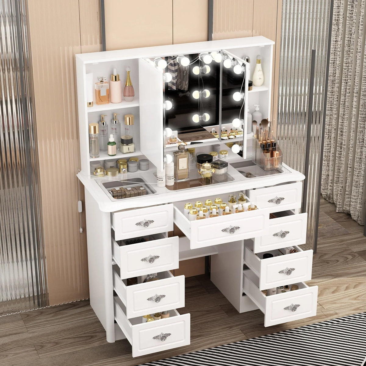 Coiffeuse moderne blanche avec miroir pliable éclairage réglable - 102,1 x 137,4 cm