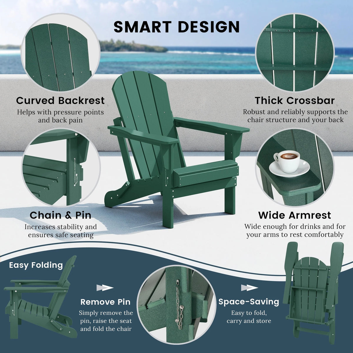 Chaise Adirondack pliante d'extérieur tout temps Polytrends Laguna résistante à la décoloration pour patio
