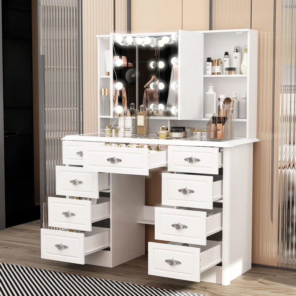 Coiffeuse moderne blanche avec miroir pliable éclairage réglable - 102,1 x 137,4 cm
