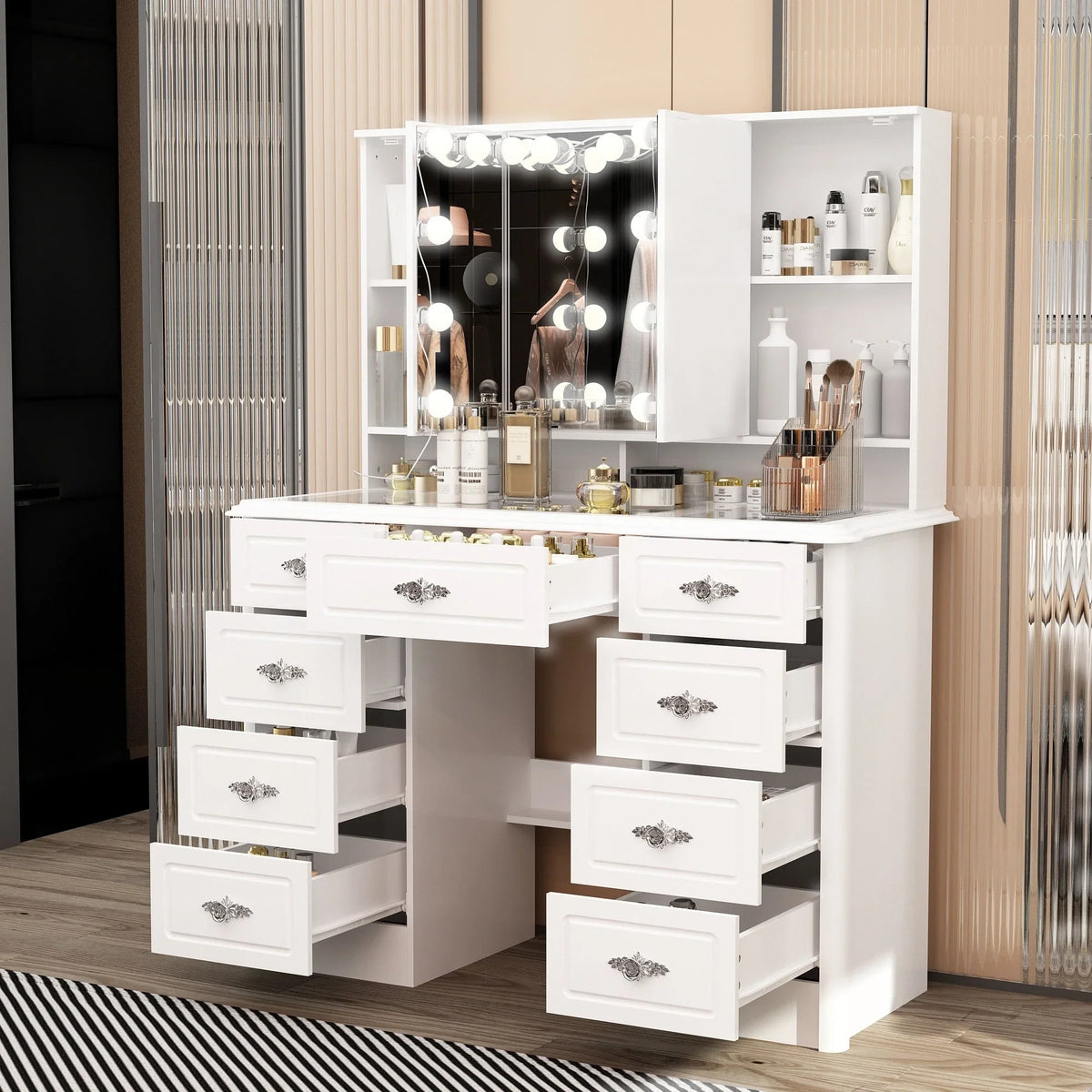 Coiffeuse moderne blanche avec miroir pliable éclairage réglable - 102,1 x 137,4 cm