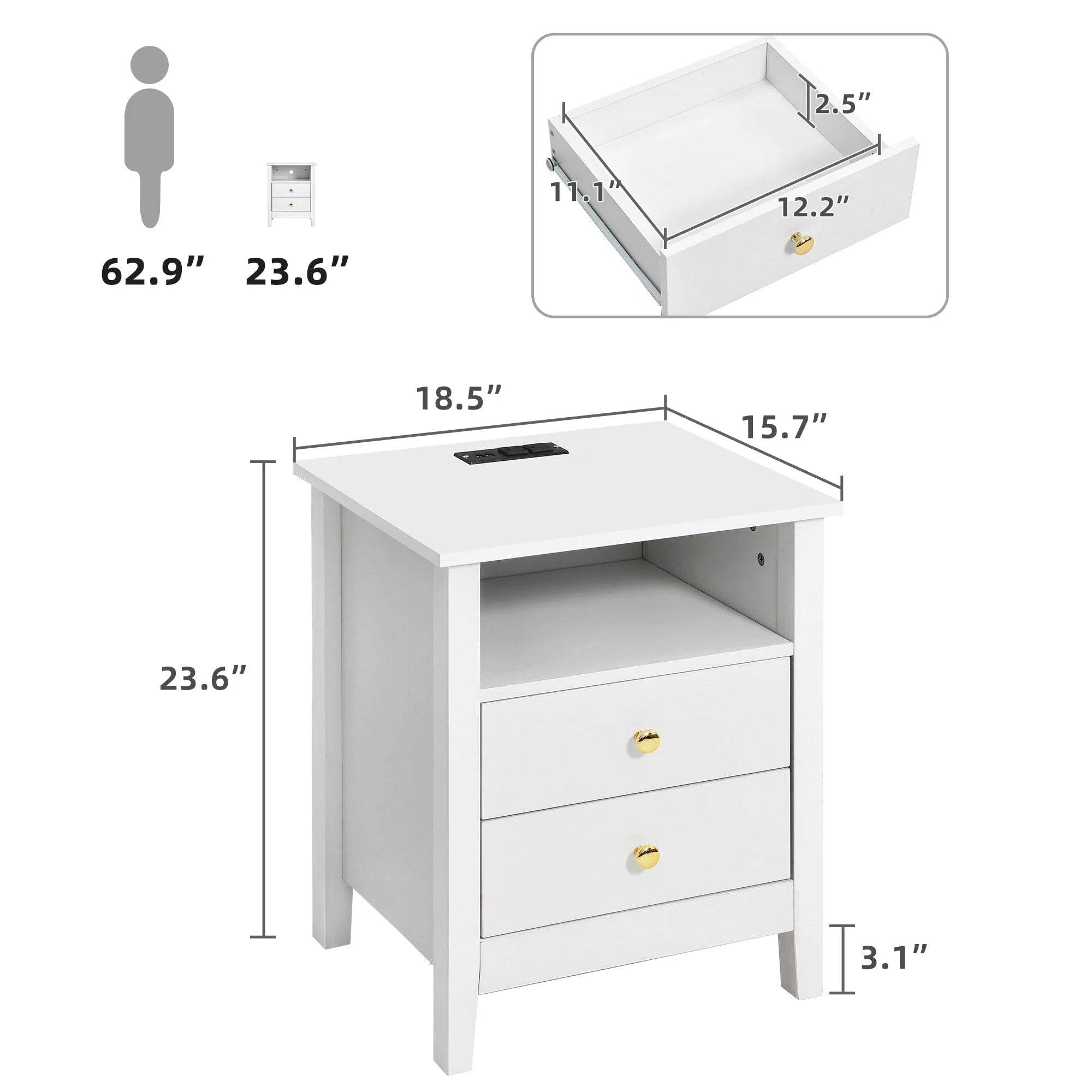 Tables de chevet (lot de 2) avec station de charge, table d'appoint avec 2 tiroirs, ports USB et prises, pour chambre à coucher