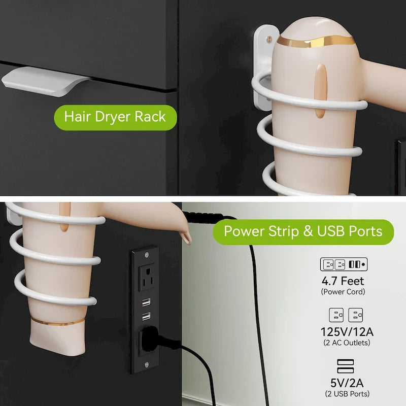 Moasis 46 Coiffeuse avec prise intégrée, miroir éclairé et support pour sèche-cheveux – 55,8 H x 46 L x 11,7 P