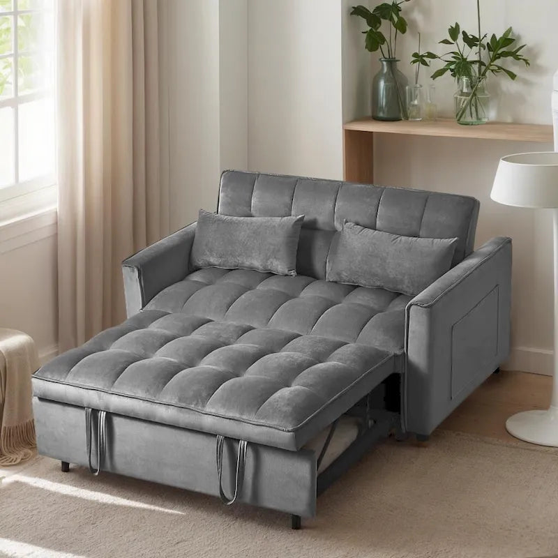 Causeuse futon moderne en velours avec dossier inclinable et poches, 2 places — Gris foncé / Gris clair / Bleu / Noir