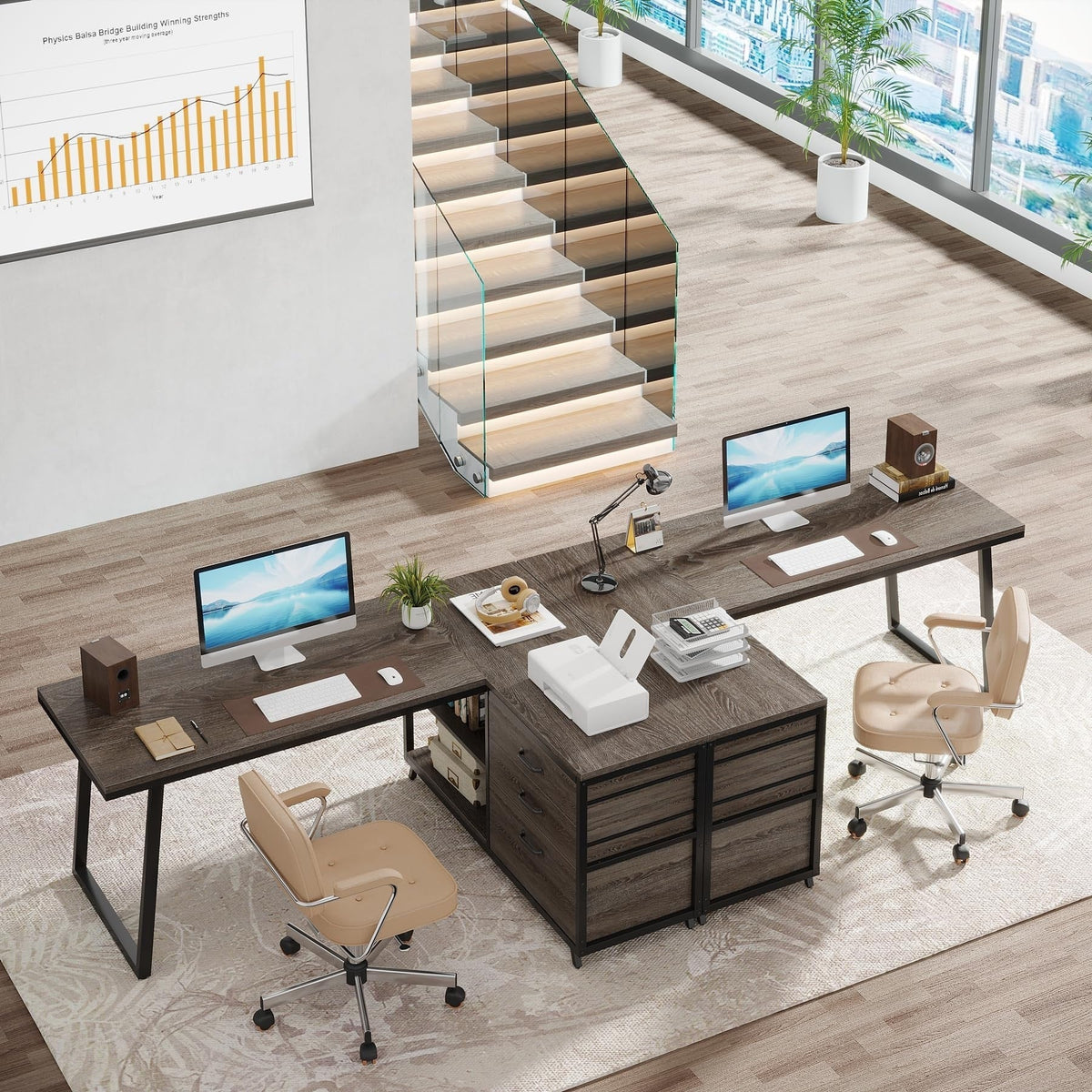 Bureau d'angle en L réversible avec tiroirs de classement, bureau d'ordinateur d'angle