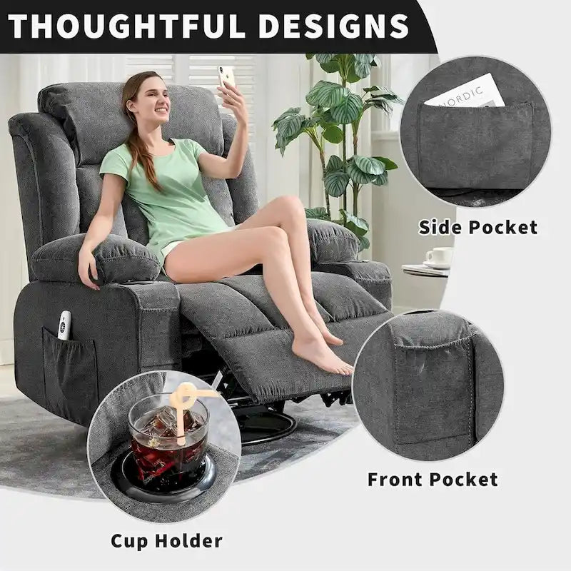 Fauteuil inclinable, Fauteuils à bascule avec massage et chauffage, Poches latérales et porte-gobelet