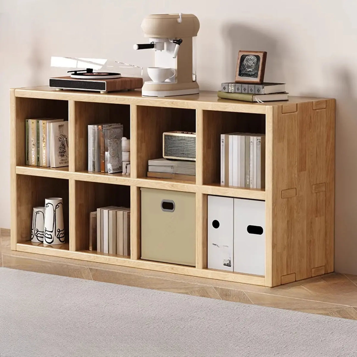 Bibliothèque moderne horizontale en bois à 8 cubes, finition naturelle