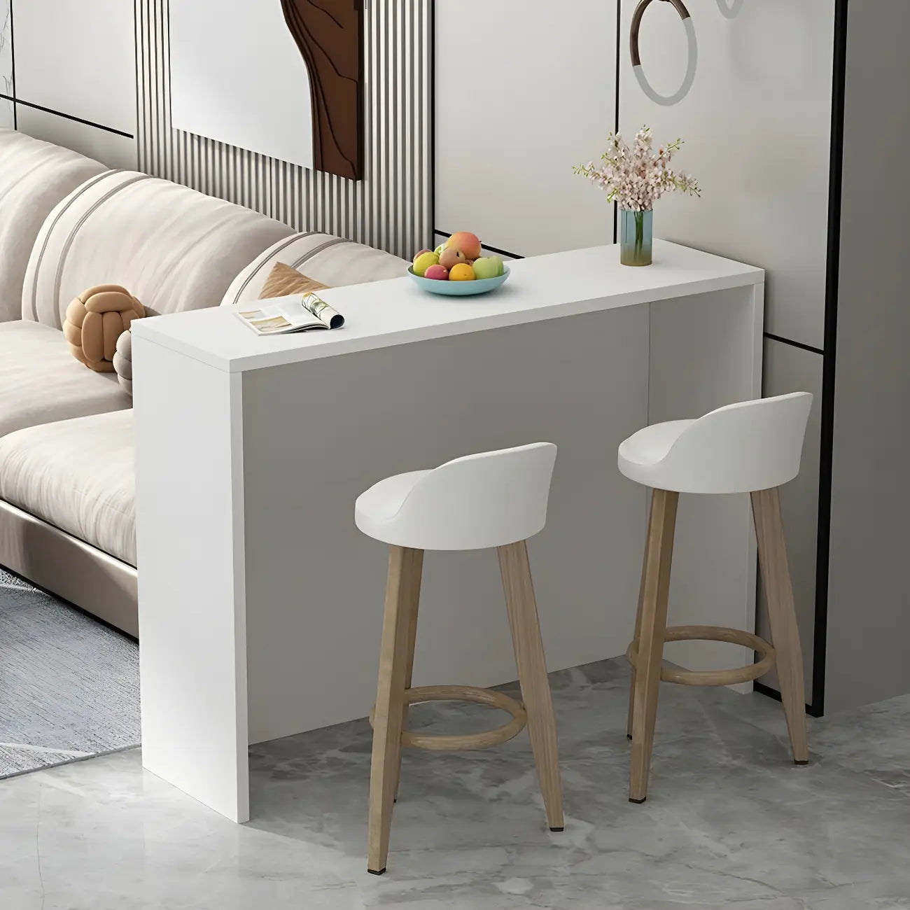 Table de bar longue rectangulaire blanche en bois pour salon