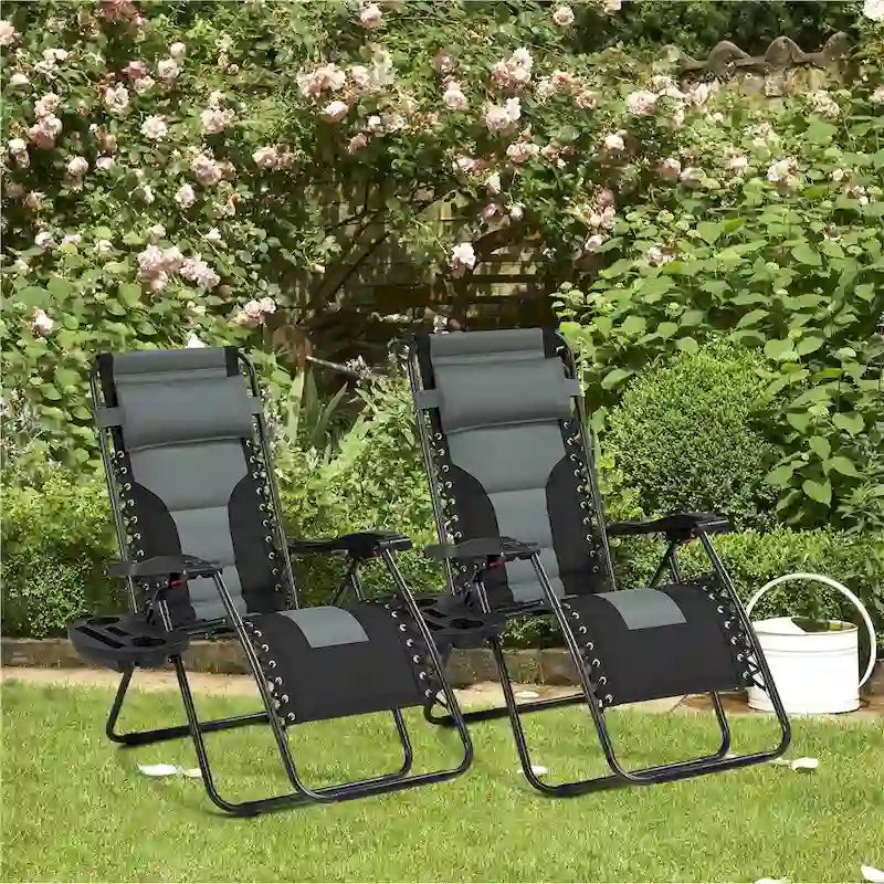 Yaheetech Lot de 2 chaises longues de jardin/camping zéro gravité rembourrées 66 cm avec accoudoirs et oreiller