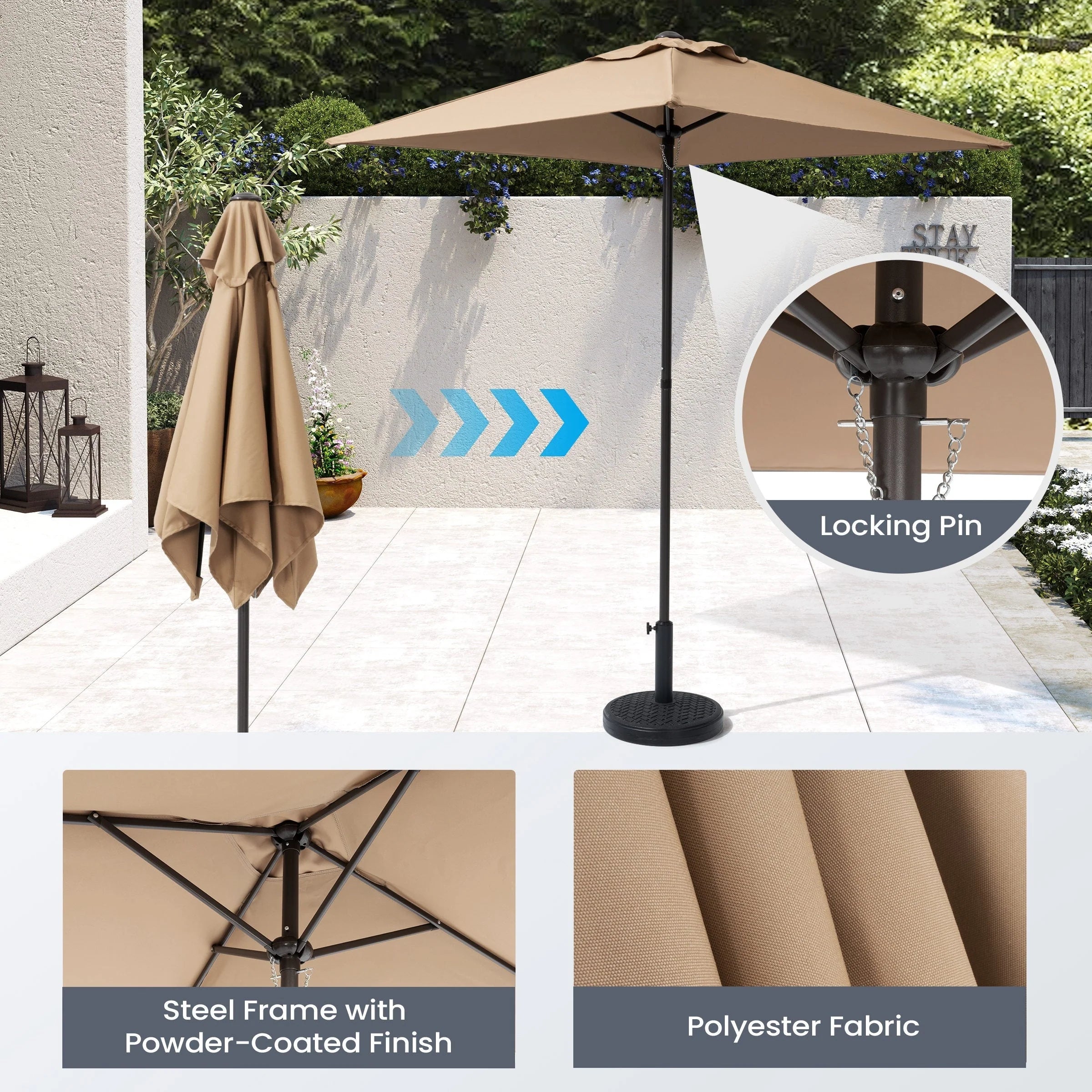 Ensemble de patio 6 pièces Pellebant avec table, parasol et 4 chaises pliantes – 22,4 L x 26,8 P x 34,4 H