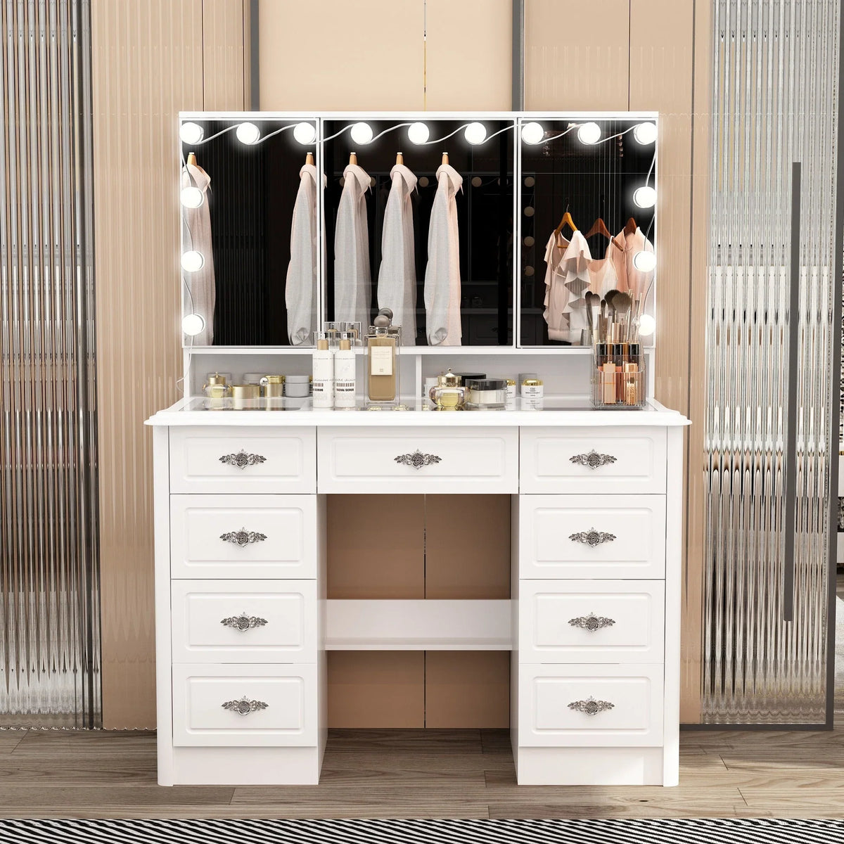 Coiffeuse moderne blanche avec miroir pliable éclairage réglable - 102,1 x 137,4 cm