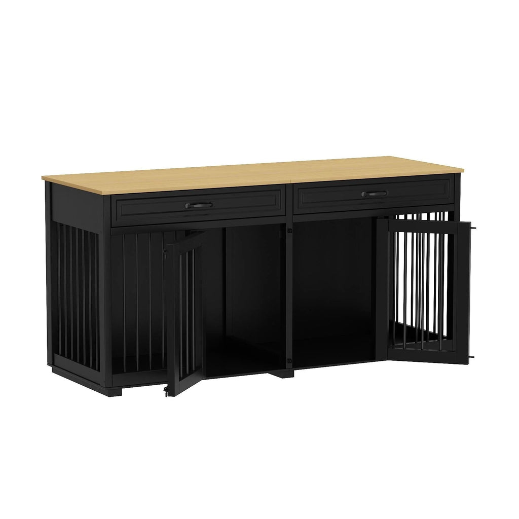 Meuble de chenil double en bois avec 2 tiroirs et séparateur