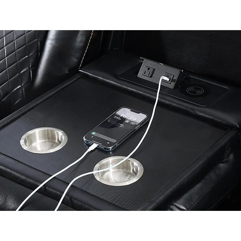 Canapé inclinable électrique avec chargeur sans fil, liseuse pour salon, lumière LED en similicuir, port AC/USB, porte-gobelet, noir