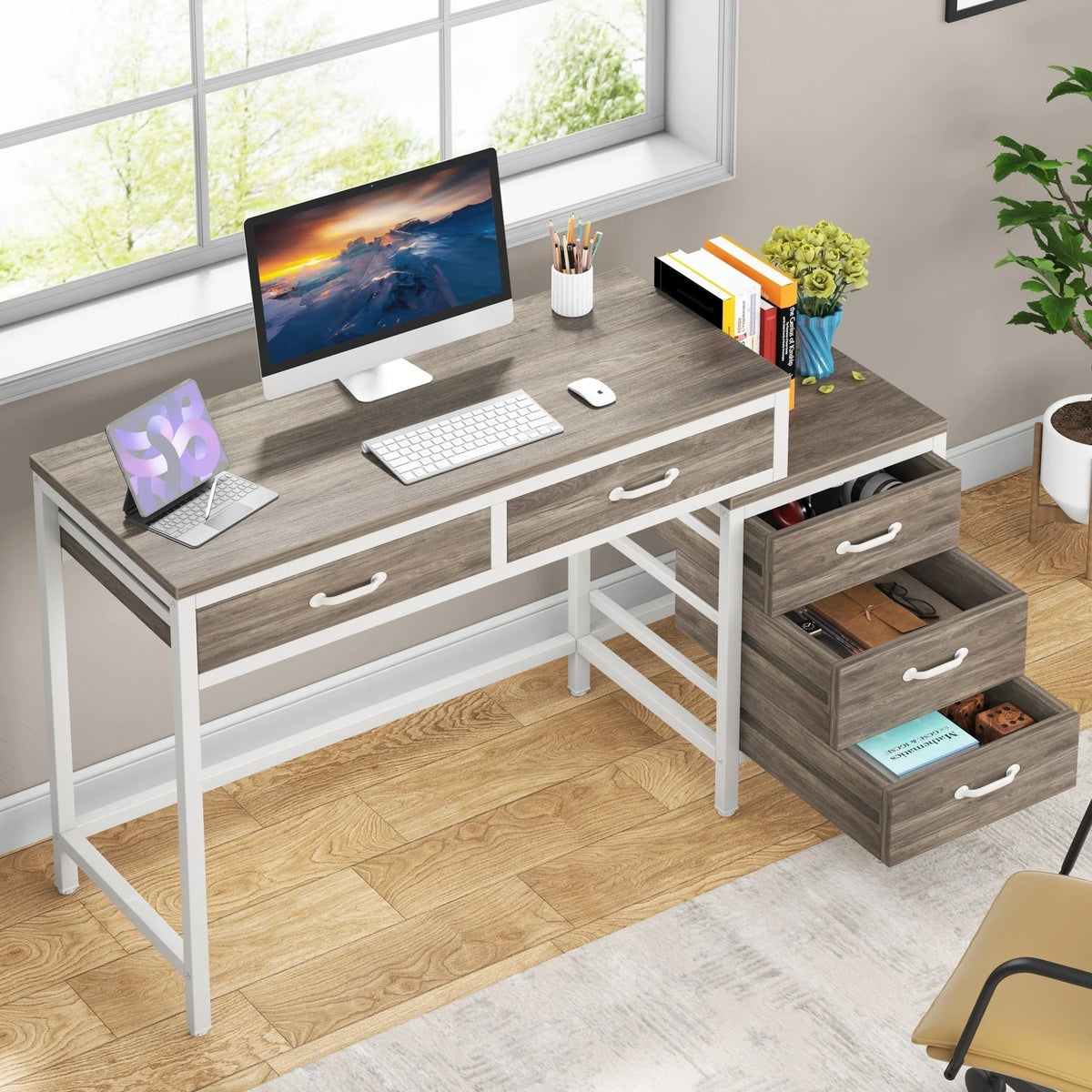 Bureau réversible avec 5 tiroirs, Bureau d'ordinateur de maison avec tiroir classeur et support d'imprimante