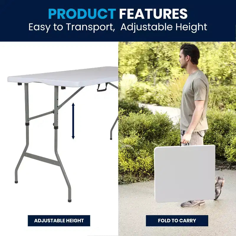 Table pliante de banquet et d'événement Flash Furniture Kathryn, réglable en hauteur de 1,50 m, en plastique blanc granit, avec poignée de transport