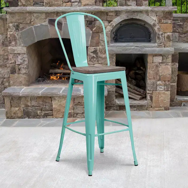 Tabouret de bar en métal avec dossier et assise en bois Flash Furniture, hauteur 76 cm