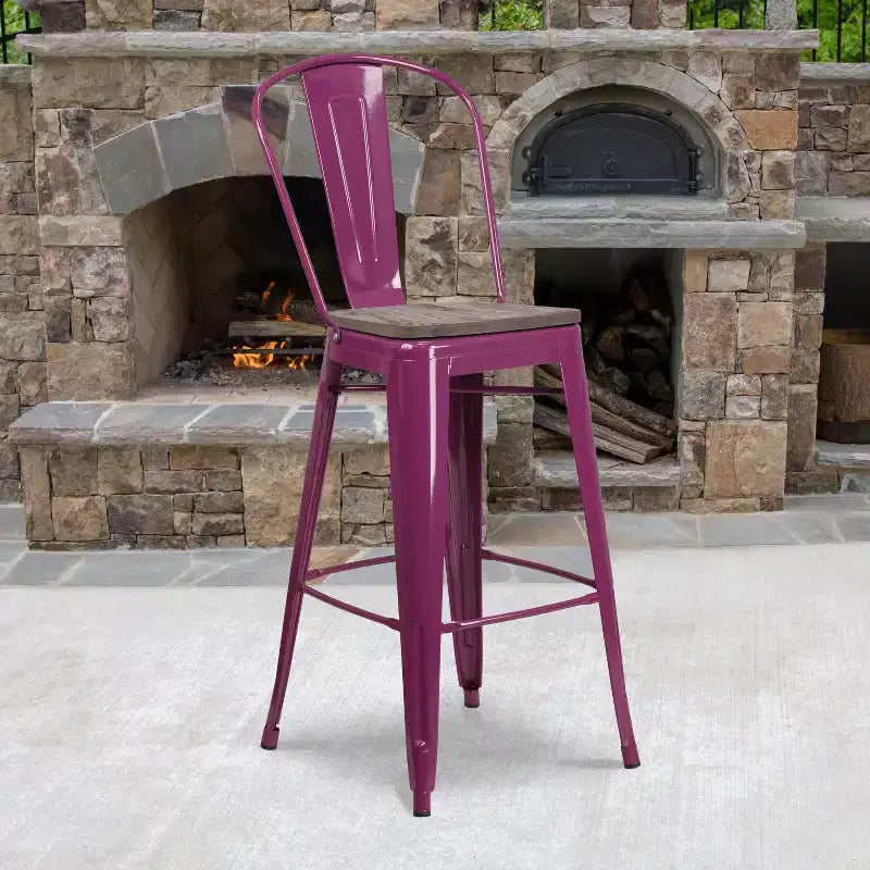 Tabouret de bar en métal avec dossier et assise en bois Flash Furniture, hauteur 76 cm