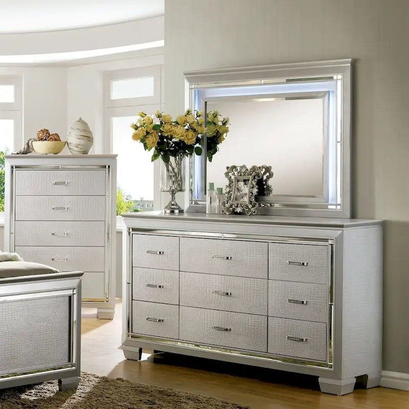 Commode et miroir contemporains 9 tiroirs Ruff Crocodile en bois en 2 pièces par Furniture of America
