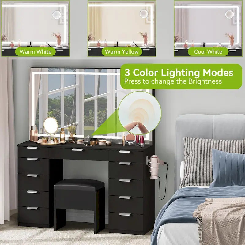 Moasis 46 Coiffeuse avec prise intégrée, miroir éclairé et support pour sèche-cheveux – 55,8 H x 46 L x 11,7 P