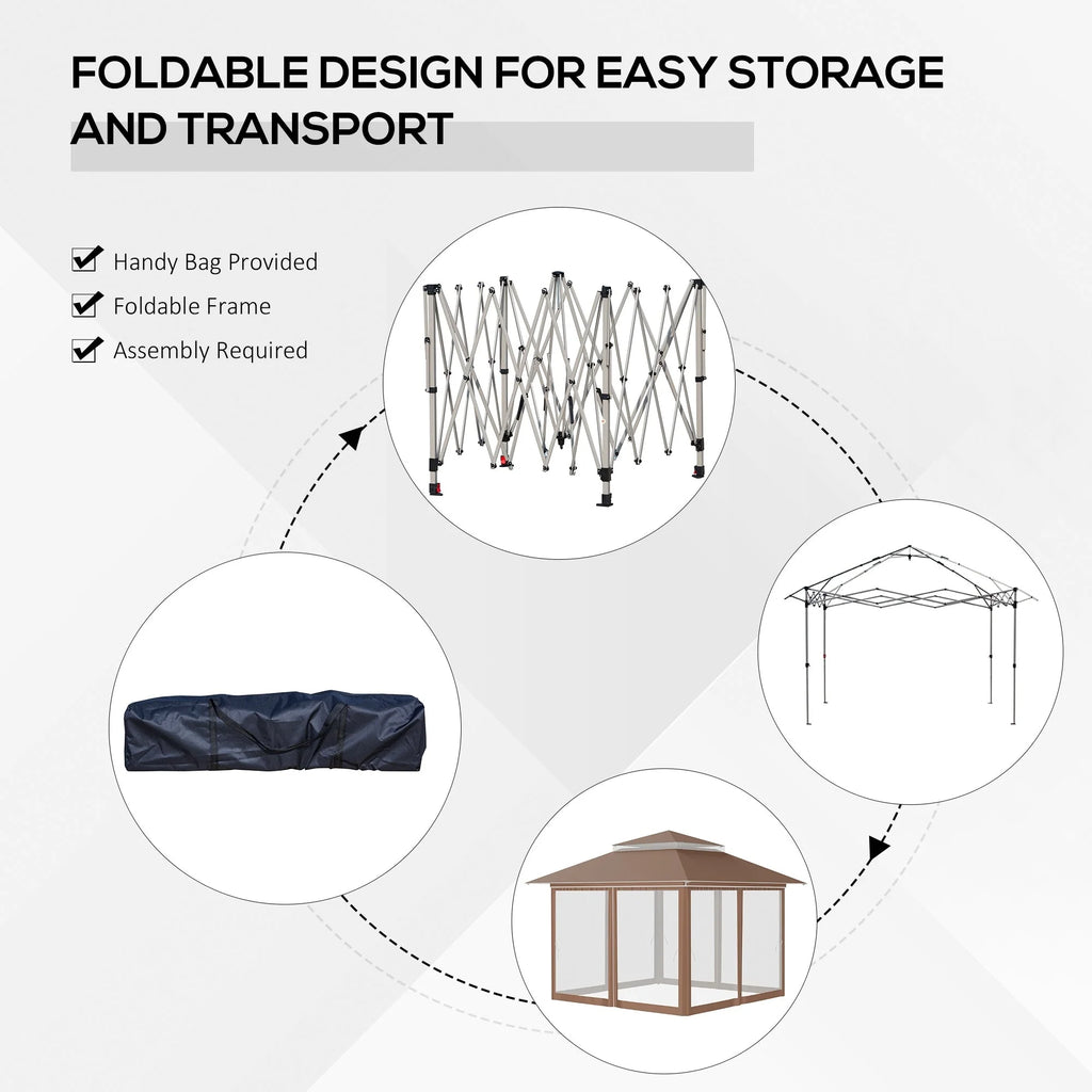 Outsunny 12 x 12 Tonnelle escamotable Pare-soleil Tente instantanée pliable avec filet latéral en maille, Hauteur réglable sur 3 niveaux