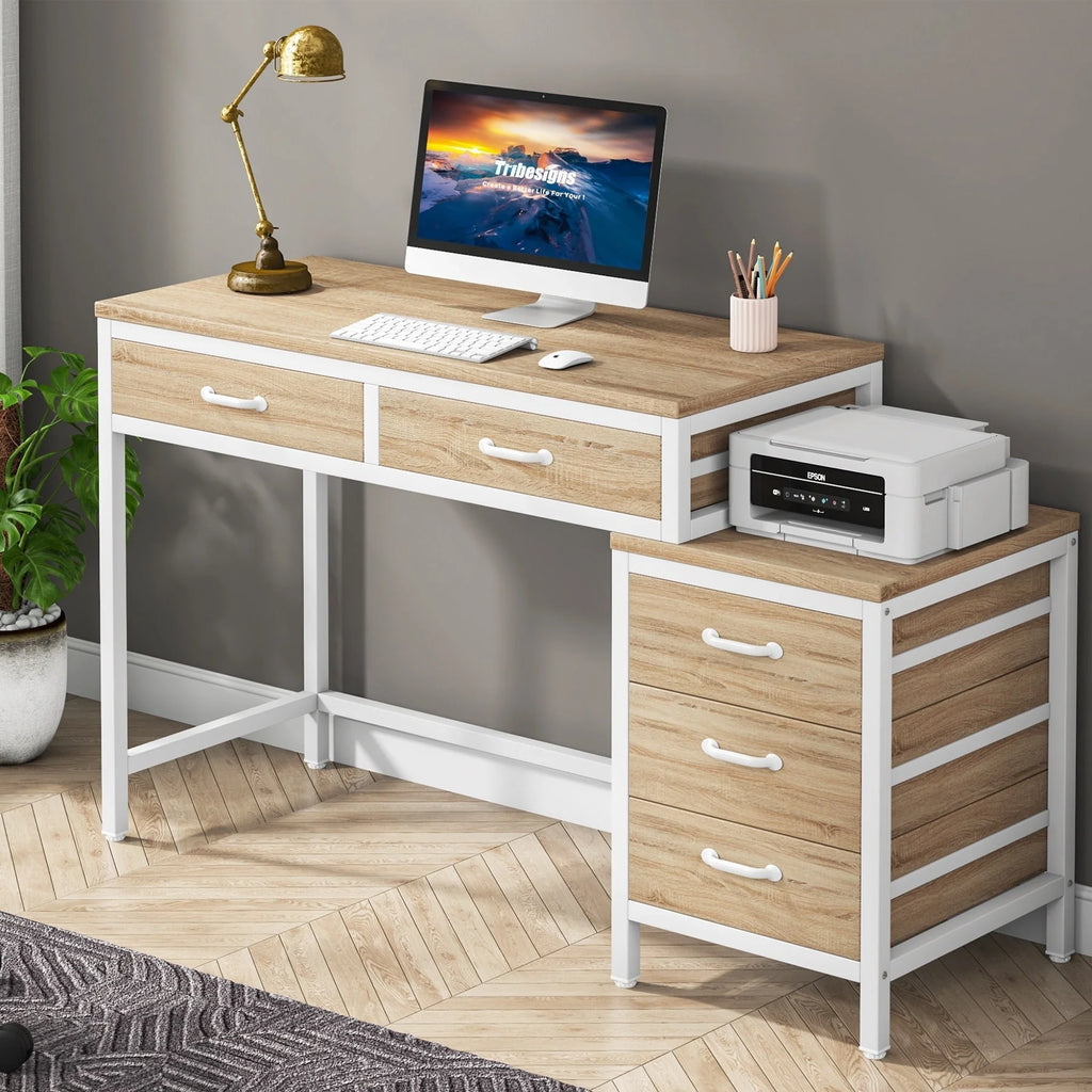 Bureau réversible avec 5 tiroirs, Bureau d'ordinateur de maison avec tiroir classeur et support d'imprimante